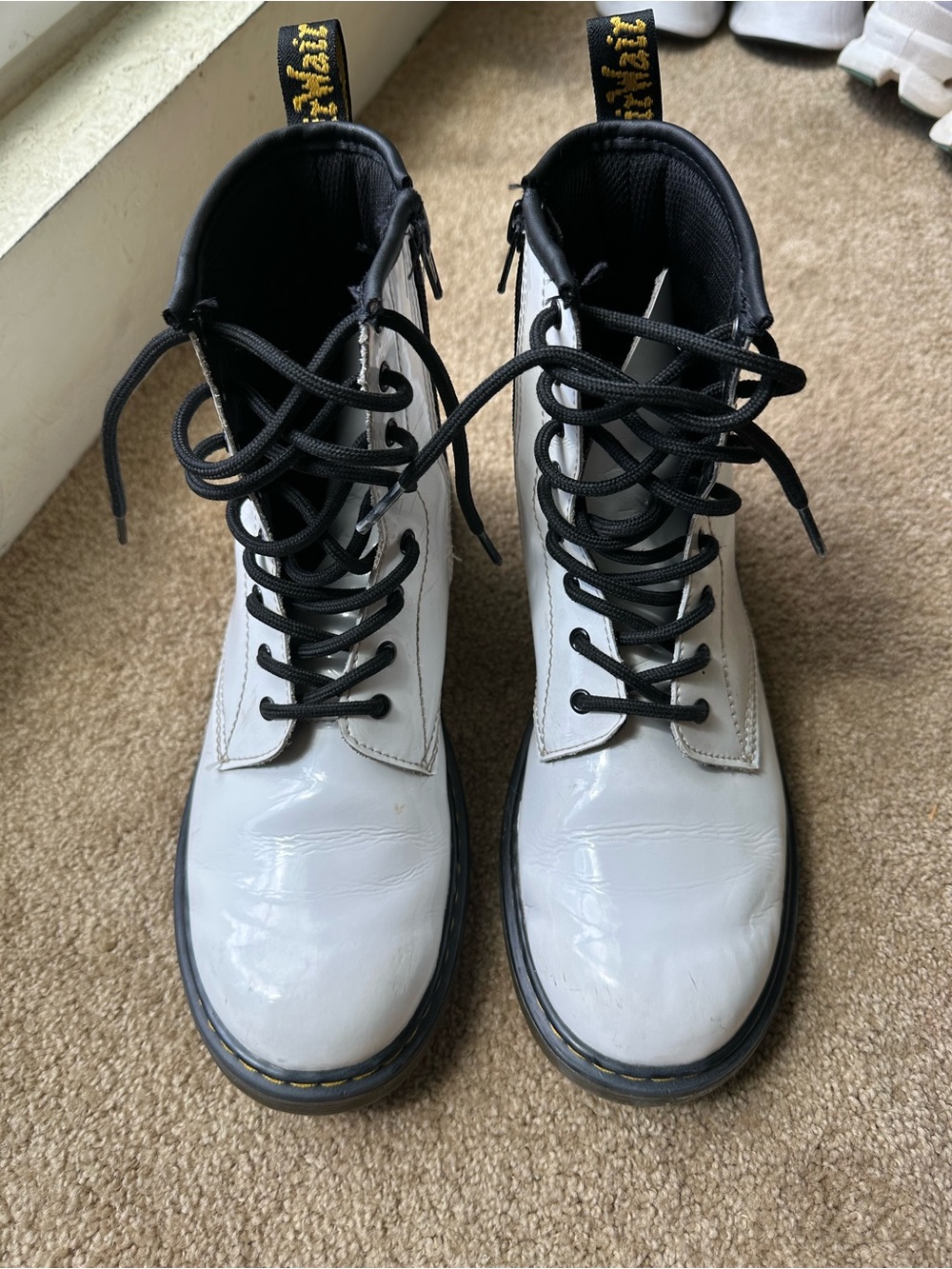 White Lace-Up Combat Boots with Black Trim